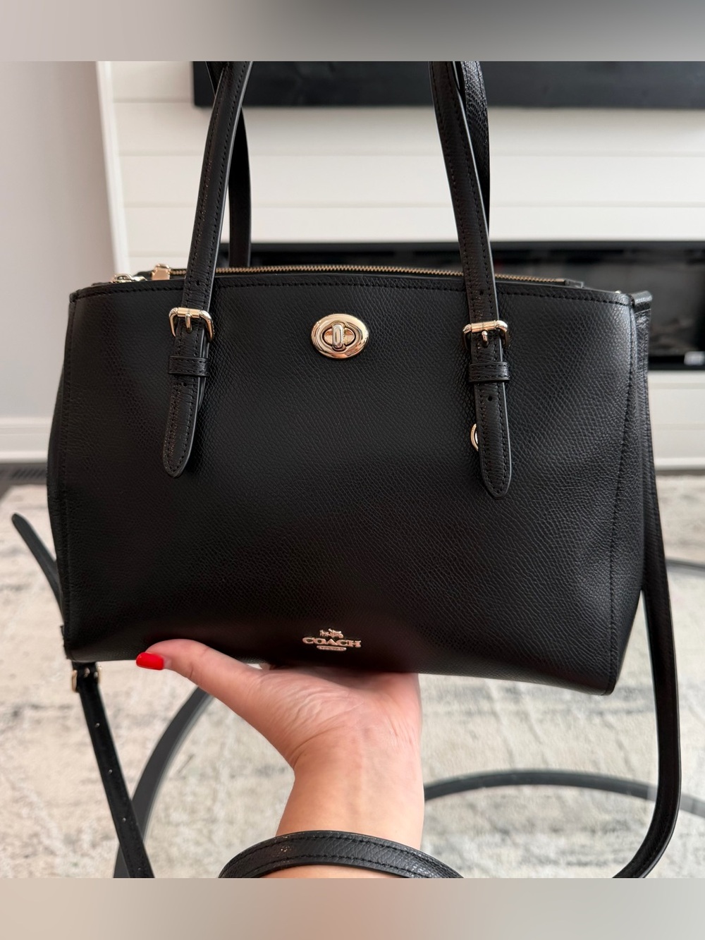 Coach Carryall Turnlock Black Leather Shoulder Tote with Gold-Tone Hardware